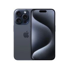 Apple iPhone 15 Pro Max Mavi Titanyum akıllı telefon, ön ve arka görünüm, üçlü kamera detaylı