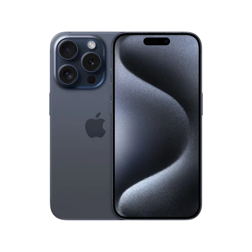 Apple iPhone 15 Pro Max Mavi Titanyum akıllı telefon, ön ve arka görünüm, üçlü kamera detaylı