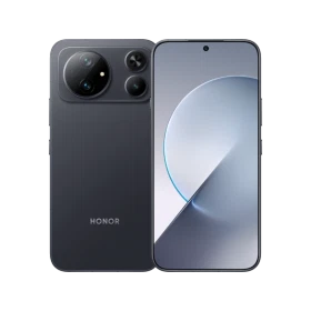 Honor Magic9 Super Power siyah telefonun ön ve arka yüzü, üçlü kamera sistemi ve geniş ekranıyla birlikte