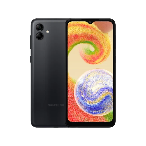 Samsung Galaxy A04 siyah akıllı telefon, ön ekran ve arka çift kamera tasarımıyla vitrin görünümü