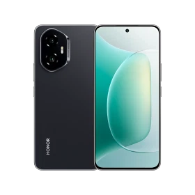 Siyah Honor 300 akıllı telefon, ön ekran ve arka kamera tasarımıyla vitrin ürünü görünümü