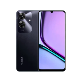 Realme Note 60 siyah akıllı telefon, ön ekran ve çift arka kamera tasarımıyla vitrin görünümü