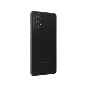 Siyah Samsung Galaxy A72 akıllı telefonun arka yüzü, çoklu kamera modülü ve Samsung logosu görünümü