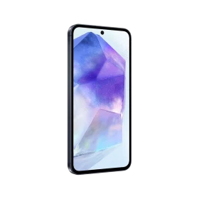 Siyah Samsung Galaxy A55 akıllı telefonun önden görünümü, ince çerçeveli ekran ve delikli ön kamera detaylı