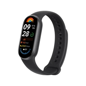 Xiaomi Smart Band 9 siyah akıllı bileklik, renkli ekranı ve ayarlanabilir silikon kordonuyla önden görünüm