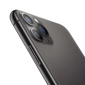Siyah Apple iPhone 11 Pro Max akıllı telefonun arka yüzeyi, üçlü kamera modülü yakın plan görünüm