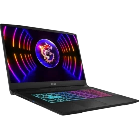 MSI Katana 17 B12VEK-083XTR siyah oyuncu laptop, RGB aydınlatmalı klavye ve neon ekran temasıyla önden görünüm
