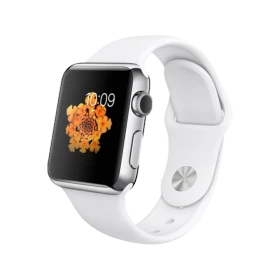 Apple Watch 38 mm paslanmaz çelik kasa ve beyaz spor kordonlu akıllı saat ürünü