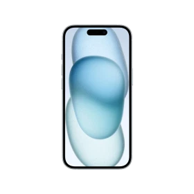 Apple iPhone 15 Plus mavi akıllı telefon, önden görünüm; ince çerçeve ve Dynamic Island ekran tasarımı