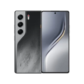 Tecno Camon 40 siyah akıllı telefon, önden ekran ve arkadan üçlü kamera tasarımıyla vitrin görünümü