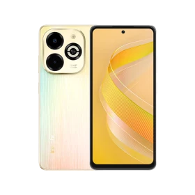 Altın renk Infinix Smart 8 Plus akıllı telefonun ön ekranı ve arka kamera modülü görünümü