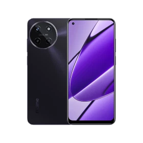 Siyah Realme 11 4G akıllı telefon, ön ekran ve arka kamera modülü görünümüyle vitrin çekimi