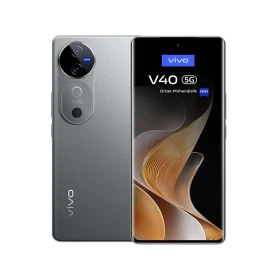 Vivo v40 gri akıllı telefonun ön ve arka görünümü, büyük ekran ve dairesel kamera modülüyle birlikte