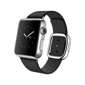 Apple Watch 38 mm gümüş paslanmaz çelik kasalı, modern tokalı siyah kayışlı akıllı saat
