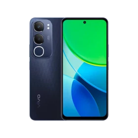 Vivo Y19s Pro siyah akıllı telefon, ön ekran ve arka kamera modülüyle önden ve arkadan görünüm