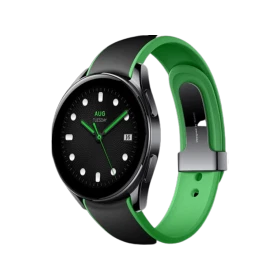 Xiaomi Watch S2 42 mm siyah akıllı saat, yeşil detaylı kayışı ve yuvarlak ekranıyla önden görünür