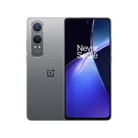 Gümüş OnePlus Nord CE4 Lite akıllı telefon, ön ekranı ve çift arka kameralı arka yüzeyiyle birlikte