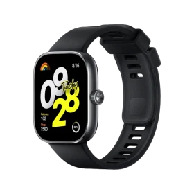 Xiaomi Redmi Watch 4 siyah akıllı saat, renkli ekranı ve silikon kordonuyla önden açılı görünüm.