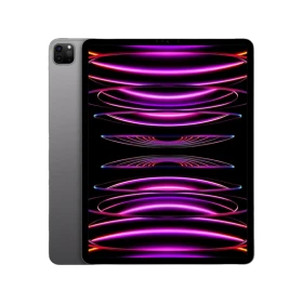 Apple iPad Pro 2022 Wi‑Fi + Cellular gri tablet, 12,9 inç ekran görünümü ve parlak neon arayüzü