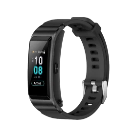 Huawei TalkBand B5 siyah akıllı bileklik, dijital ekranı ve ayarlanabilir kayışıyla önden görünüyor