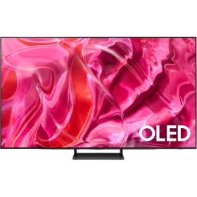 Samsung 77S90C OLED Ultra HD 4K Televizyon, siyah çerçeveli ve pembe OLED ekran deseniyle sunulur