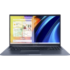 Asus VivoBook 15 M1502YA-BQ186 koyu mavi iş ve ofis laptopu; canlı ekran görüntüsüyle önden görünüm