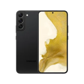 Samsung Galaxy S22 Plus siyah akıllı telefon, ön ekran ve arka üçlü kamera tasarımıyla vitrin görünümü