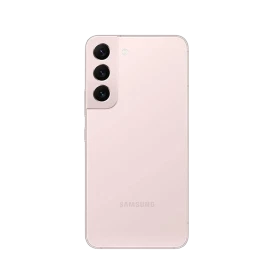 Samsung Galaxy S22 pembe akıllı telefonun arka yüzü, üçlü kamera modülü ve sade tasarım görünümü