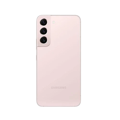 Samsung Galaxy S22 pembe akıllı telefonun arka yüzü, üçlü kamera modülü ve sade tasarım görünümü