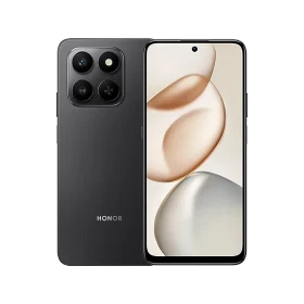 Honor X7D 5G siyah akıllı telefon, arka dörtlü kamera modülü ve ön ekran görünümüyle vitrin çekimi