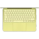 Apple MacBook Neo sarı laptop, üstten görünümde klavye ve geniş trackpad detayıyla açık halde