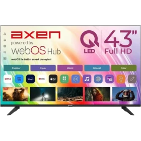 Axen AX43QFMLN-W02S 43 inç Full HD LED televizyon, webOS Hub akıllı TV arayüzüyle önden görünüm