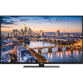Grundig 55 VLX 8600 BP Ultra HD 4K LED televizyon, şehir manzarası gösteren siyah ekranlı TV