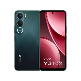 Vivo Y31 5G yeşil akıllı telefon, önden ekran ve arkadan üçlü kamera tasarımıyla vitrin görünümü