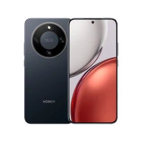 Siyah Honor Magic 8 Lite 5G akıllı telefonun ön ekranı ve dairesel arka kamera tasarımı, vitrin görünümü