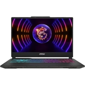 MSI Cyborg 15 A13VF-892XTRK09 siyah oyuncu laptop, ejderha temalı RGB ekran ışıklarıyla önden görünüm