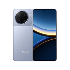 Mavi Poco F7 Pro akıllı telefon, ön ekranı ve büyük dairesel arka kamera modülüyle vitrin görünümü