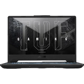 ASUS TUF Gaming A15 FA506NCG-HN267A004 siyah oyuncu laptop, ekranında UFAIGN arayüz tasarımı görünüyor.
