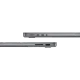 Gri Apple MacBook Pro M3 14.2 inç laptop yan görünümü, bağlantı noktaları ve ince alüminyum kasa detayı