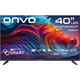 Onvo 40OVF4000AF Full HD LED televizyon, renkli ekranı ve ayaklarıyla önden görünüm