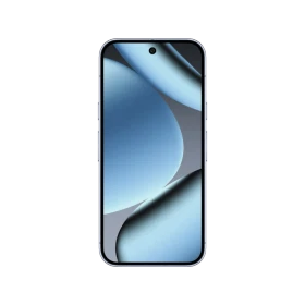 Gri Google Pixel 10 Pro akıllı telefonun, mavi tonlu ekran tasarımıyla önden görünümü siyah fonda yer alıyor.