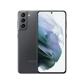 Samsung Galaxy S21 gri akıllı telefonun ön ve arka yüzü, üçlü kamera modülüyle vitrin görünümü