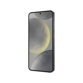 Siyah Samsung Galaxy S24 akıllı telefon, önden görünüm; ince çerçeveli ekran ve orta delikli ön kamera detaylı