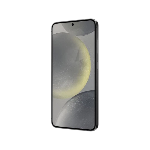 Siyah Samsung Galaxy S24 akıllı telefon, önden görünüm; ince çerçeveli ekran ve orta delikli ön kamera detaylı