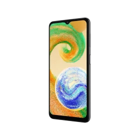 Samsung Galaxy A04s siyah akıllı telefon, önden ekran görünümü ve ince çerçeveli tasarım