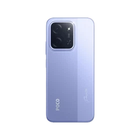 Mor renk Poco C85 akıllı telefonun arka yüzeyi, büyük kamera modülü ve parlak tasarım detaylarıyla