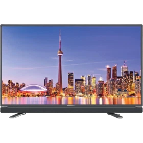 Grundig Toronto 55 CLE 6645 AL Full HD LED televizyon, şehir manzaralı ekran ve siyah çerçeveyle önden görünüm