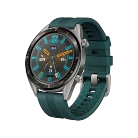 Huawei Watch GT Active 46,5 mm titanyum akıllı saat, yeşil kayış ve yuvarlak kadranla önden görünür