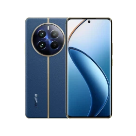Realme 12 Pro mavi akıllı telefon, ön ekran ve arka yüz tasarımı, dairesel çoklu kamera modülüyle