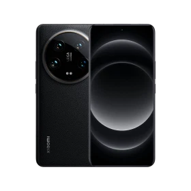 Xiaomi 14 Ultra siyah akıllı telefon, ön ekran ve Leica logolu büyük dairesel arka kamera tasarımıyla